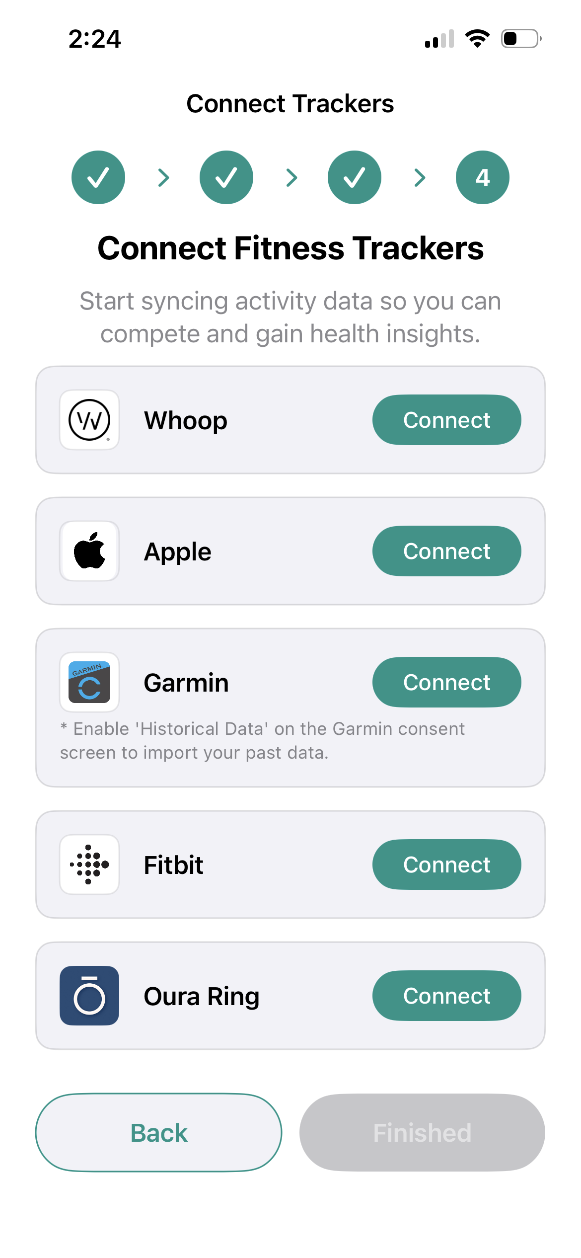 Connect Whoop, Apple, Garmin, Fitbit, or Oura Ring during onboarding