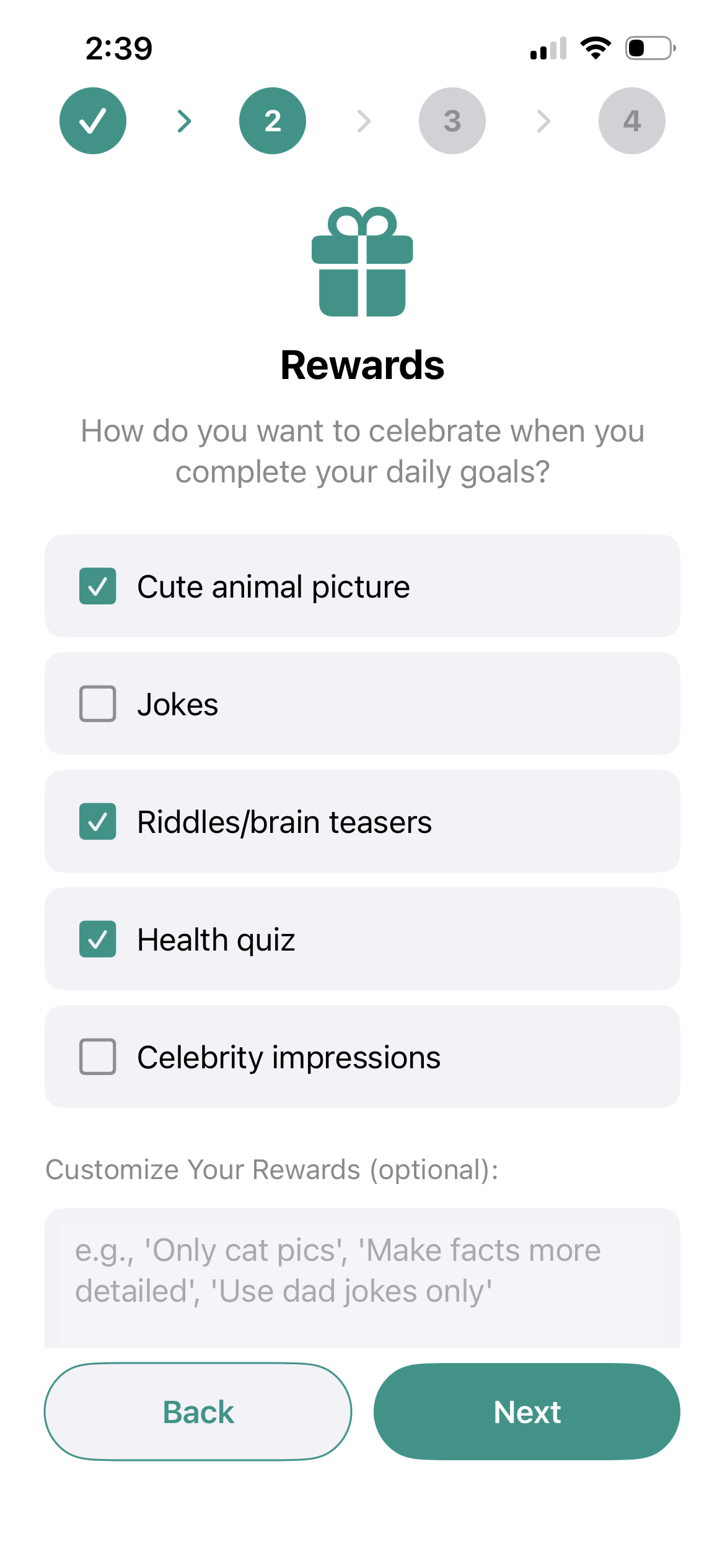 Pick how you want K1T to celebrate your wins — cute animal pics, jokes, riddles, health quizzes, or celebrity impressions